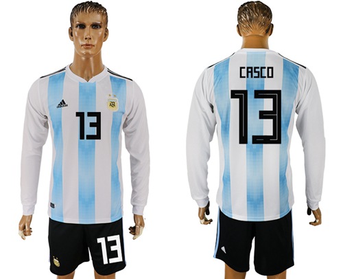 Argentina #13 Casco Home Long Sleeves Soccer Country Jersey - Click Image to Close